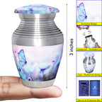 Miniature urns with blue butterfly artwork, compact screw top ash urn, hand held size display for human ash storage