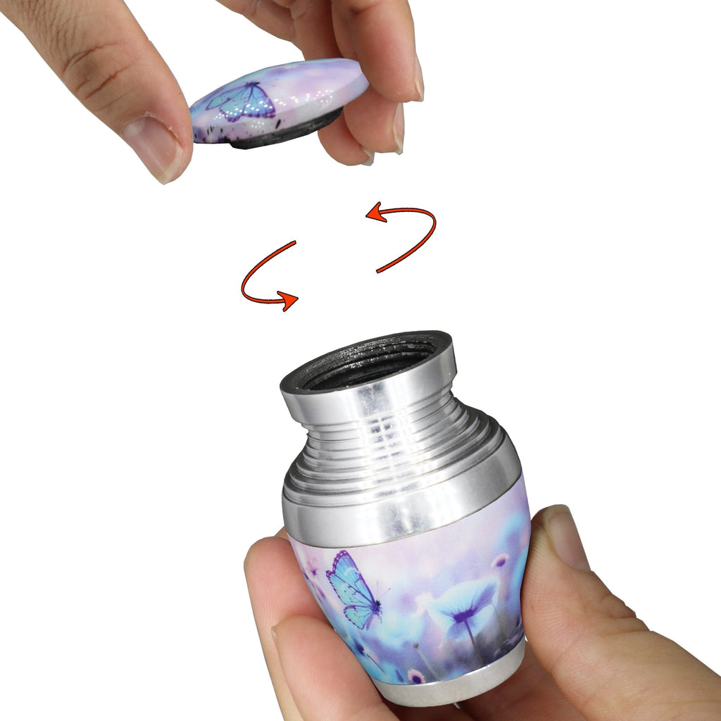 Urns for cremated remains with blue butterfly art, sealable ash urn with threaded screw lid, easy to open and close