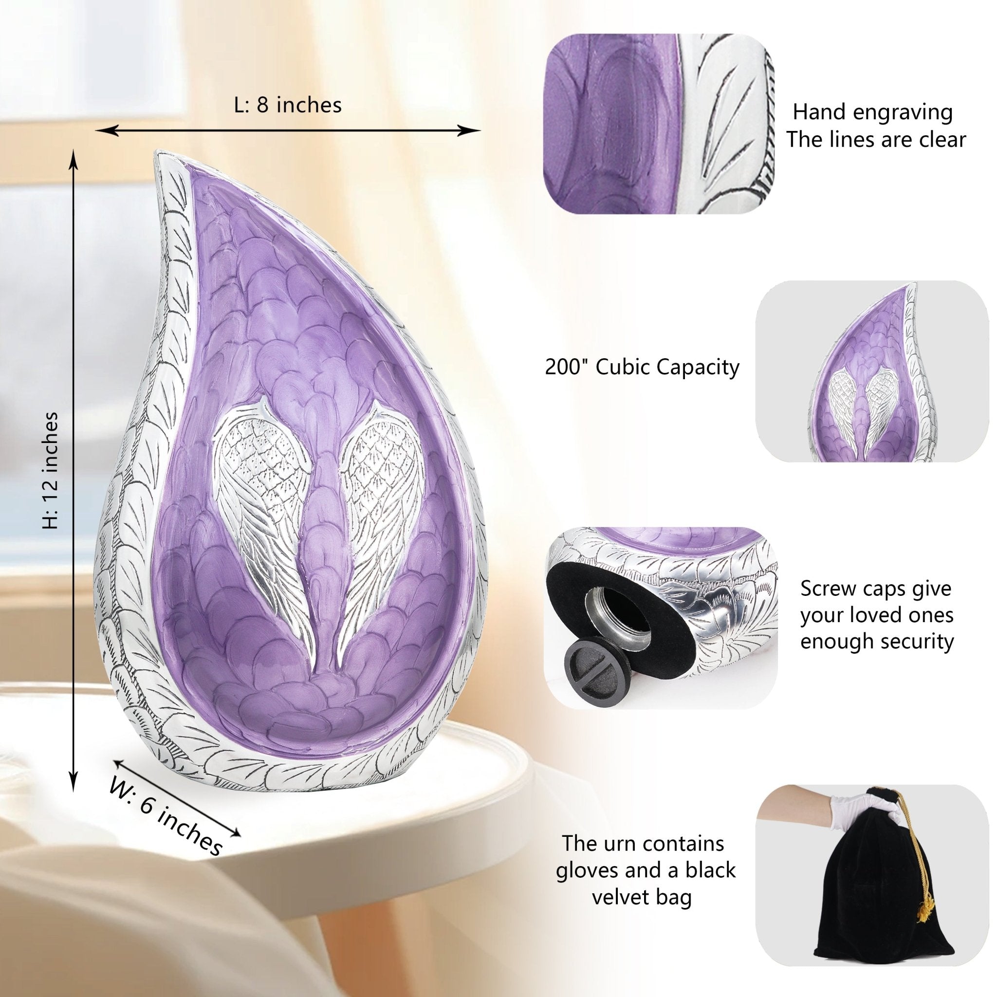 Full size chart of purple engraved angel wings ashes in an urn aluminum teardrop style with silver trim accessories