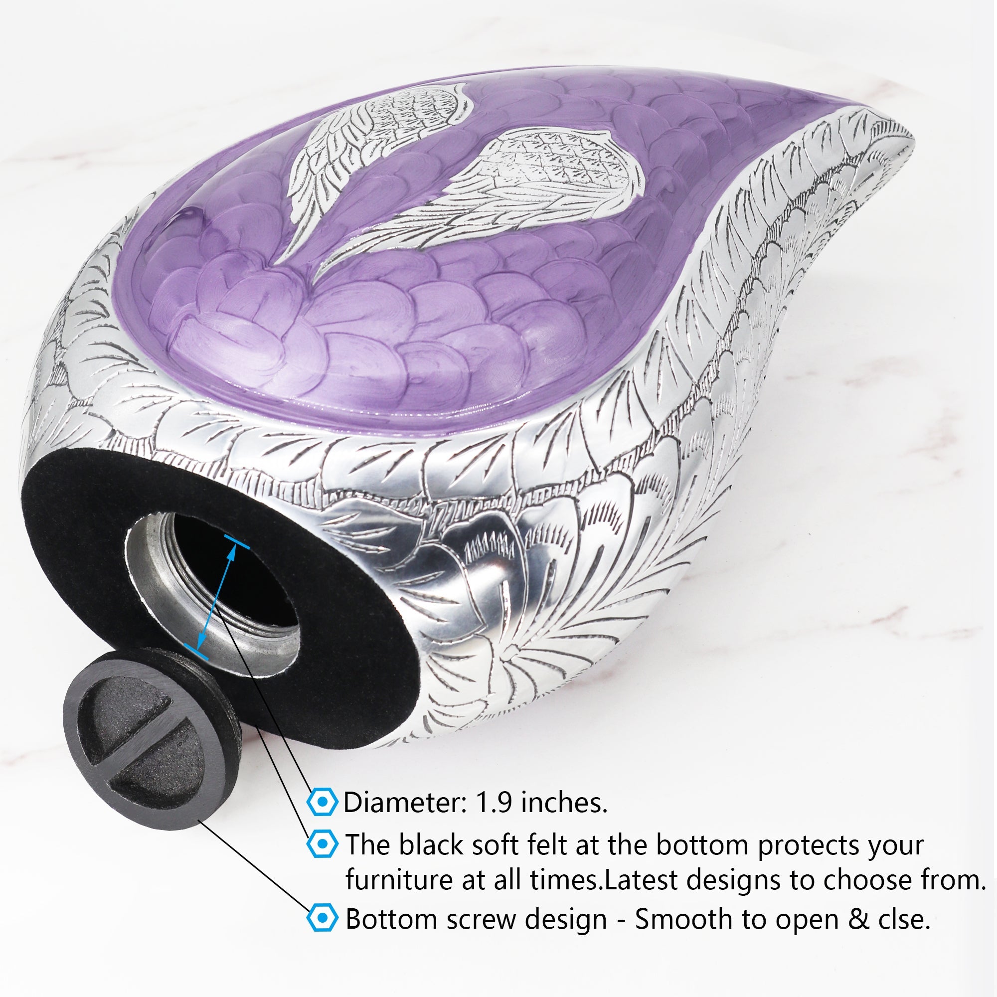 Close up of purple angel wing aluminum burial urns showing secure screw bottom lid for safe ash containment