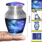 Mini keepsake urn with blue galaxy artwork, compact 3-inch size guide and secure screw-top lid