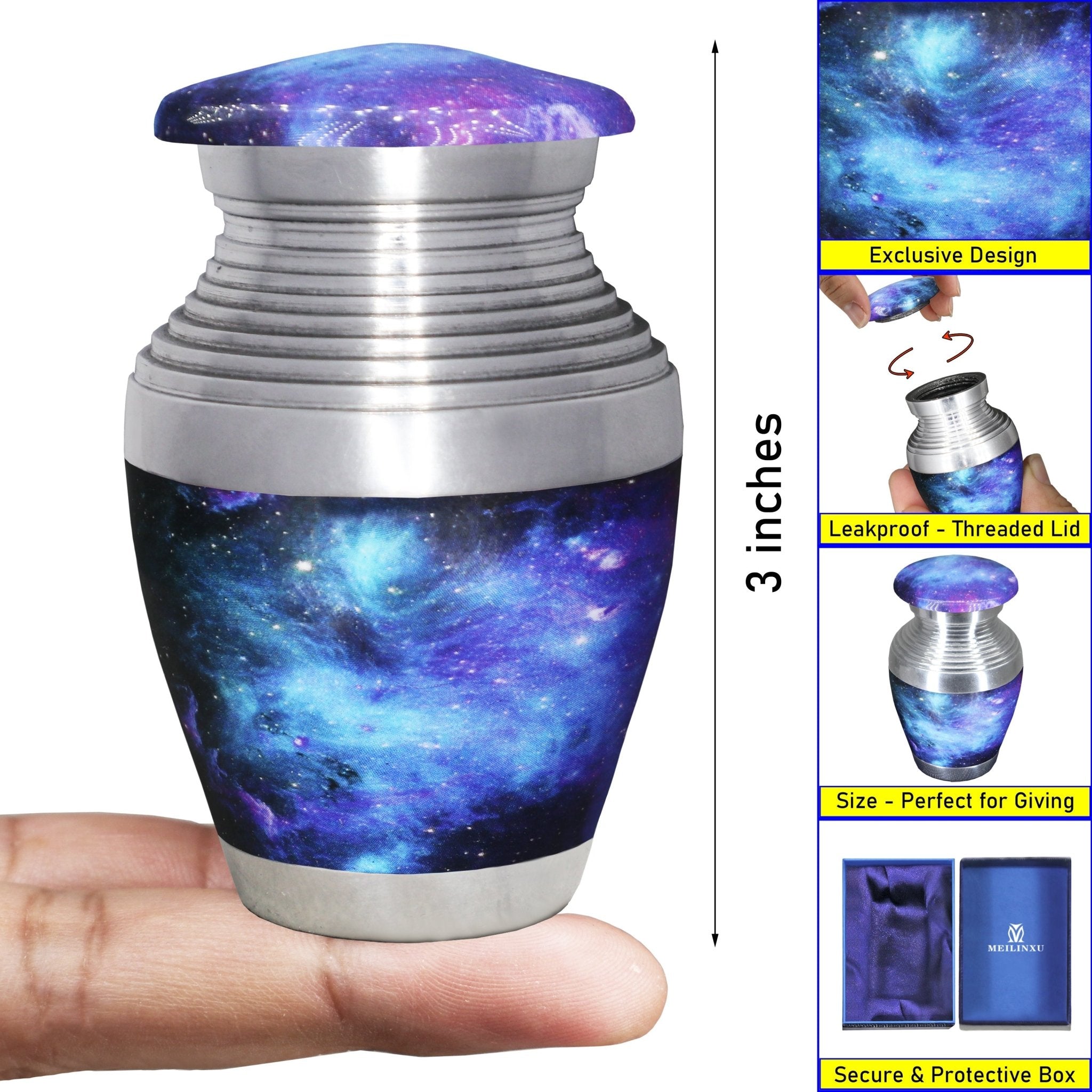 Mini keepsake urn with blue galaxy artwork, compact 3-inch size guide and secure screw-top lid