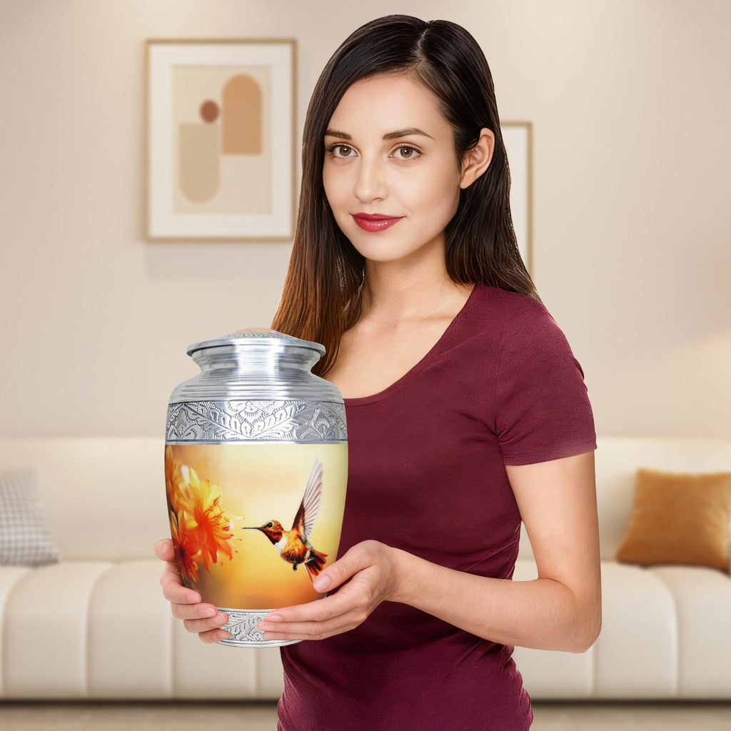 Lady holds buttery yellow hummingbird aluminum cremation urns for adults, silver etched design honoring loving mother