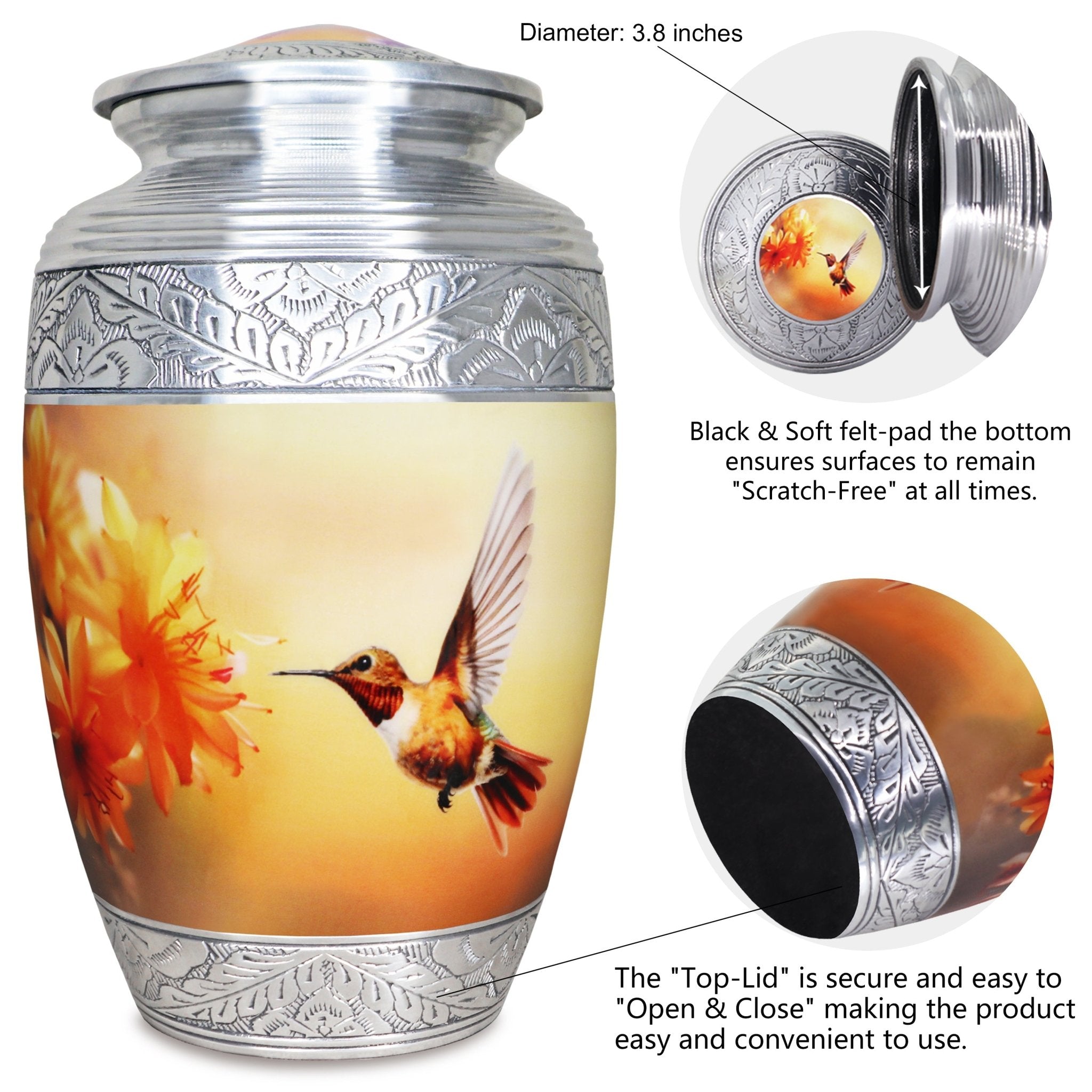 Sunny yellow hummingbird metal cremation containers for ashes, silver filigree border with secure lid for cherished dad