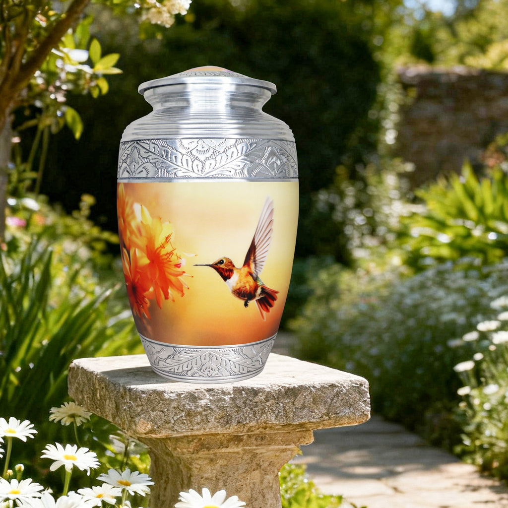 Sun-kissed yellow hummingbird aluminum burial urns for ashes for adults, engraved silver band urn for beloved father