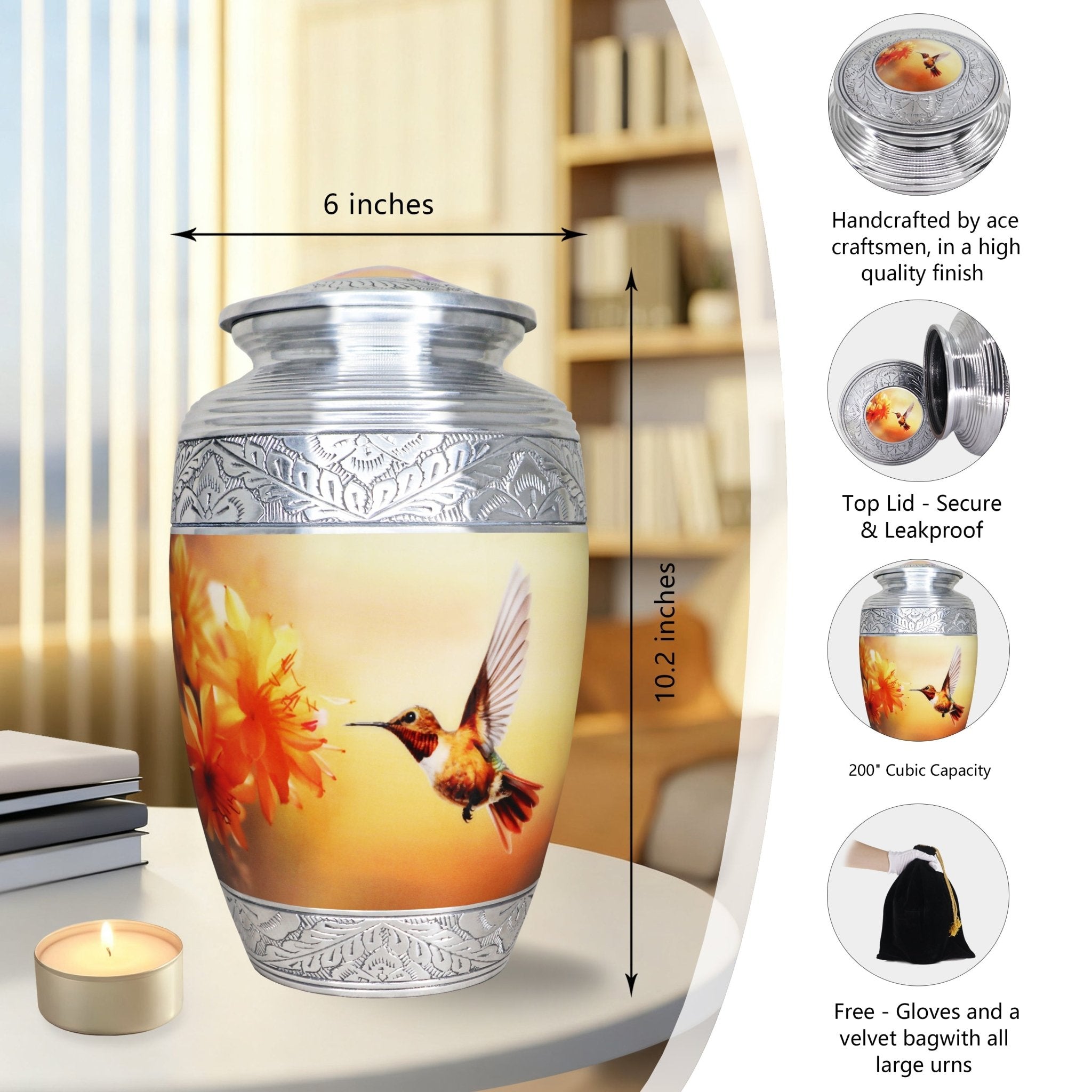 Warm apricot hummingbird metal urns for cremation ashes, embossed silver trim full set with dimension guide for dear mother