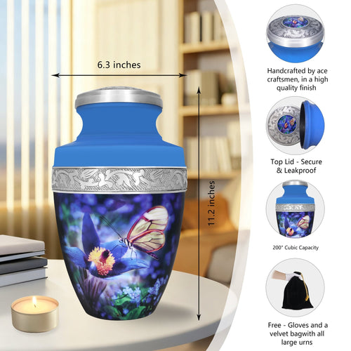 Full-size urn for human ashes with blue butterfly garden artwork, 200 cu in capacity and threaded bottom lid