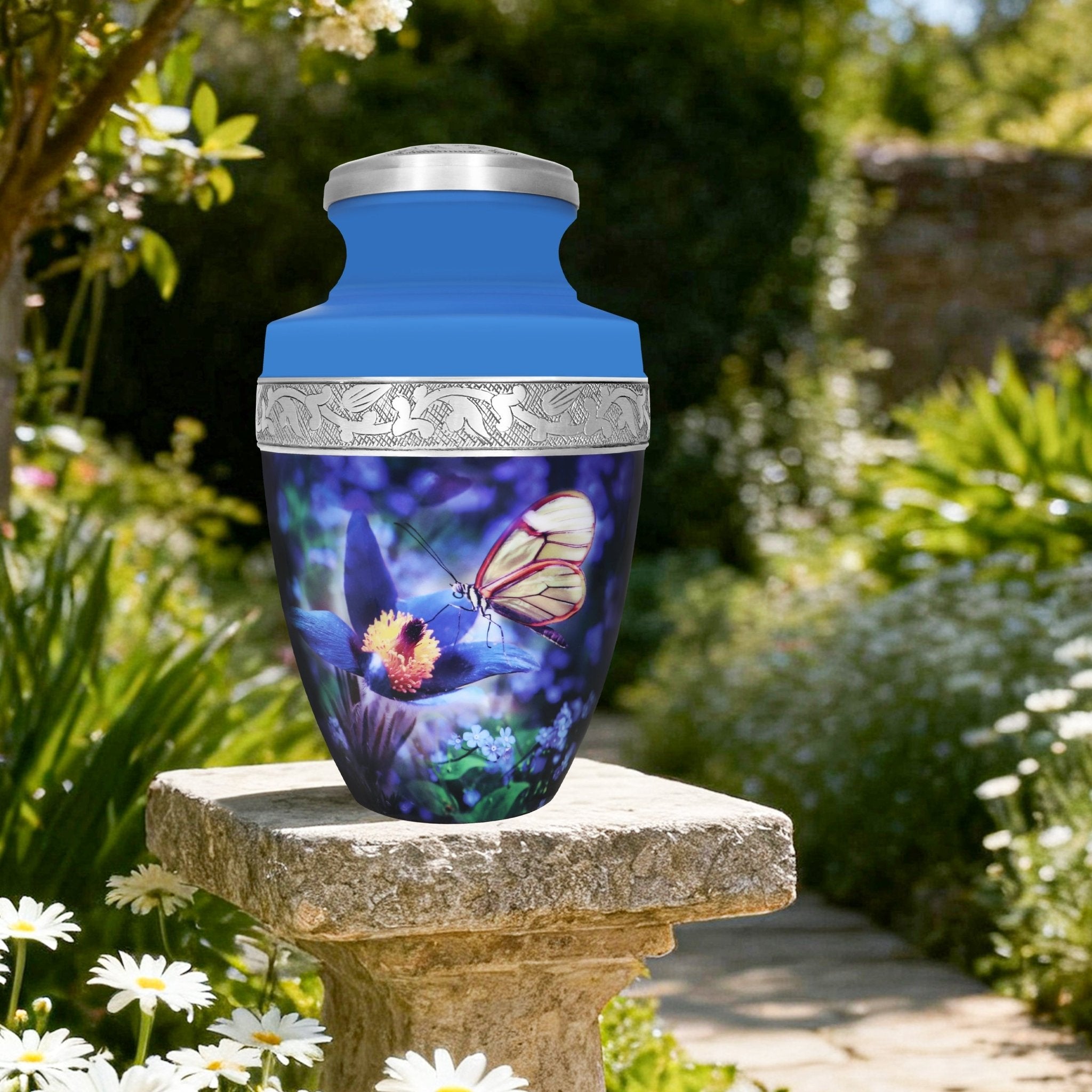Burial urns with winged butterfly design displayed outdoors, peaceful tribute honoring a beloved husband