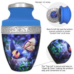 Cremation containers with threaded closure, blue blossom artwork and hand engraved trim for lasting remembrance