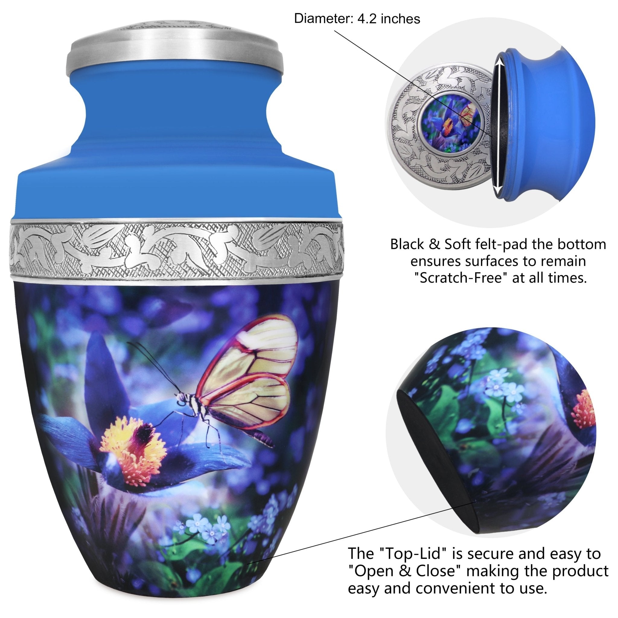 Cremation containers with threaded closure, blue blossom artwork and hand engraved trim for lasting remembrance