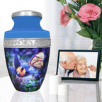 Butterfly urns for human ashes beside family photo and roses, graceful keepsake for wife and cherished memories
