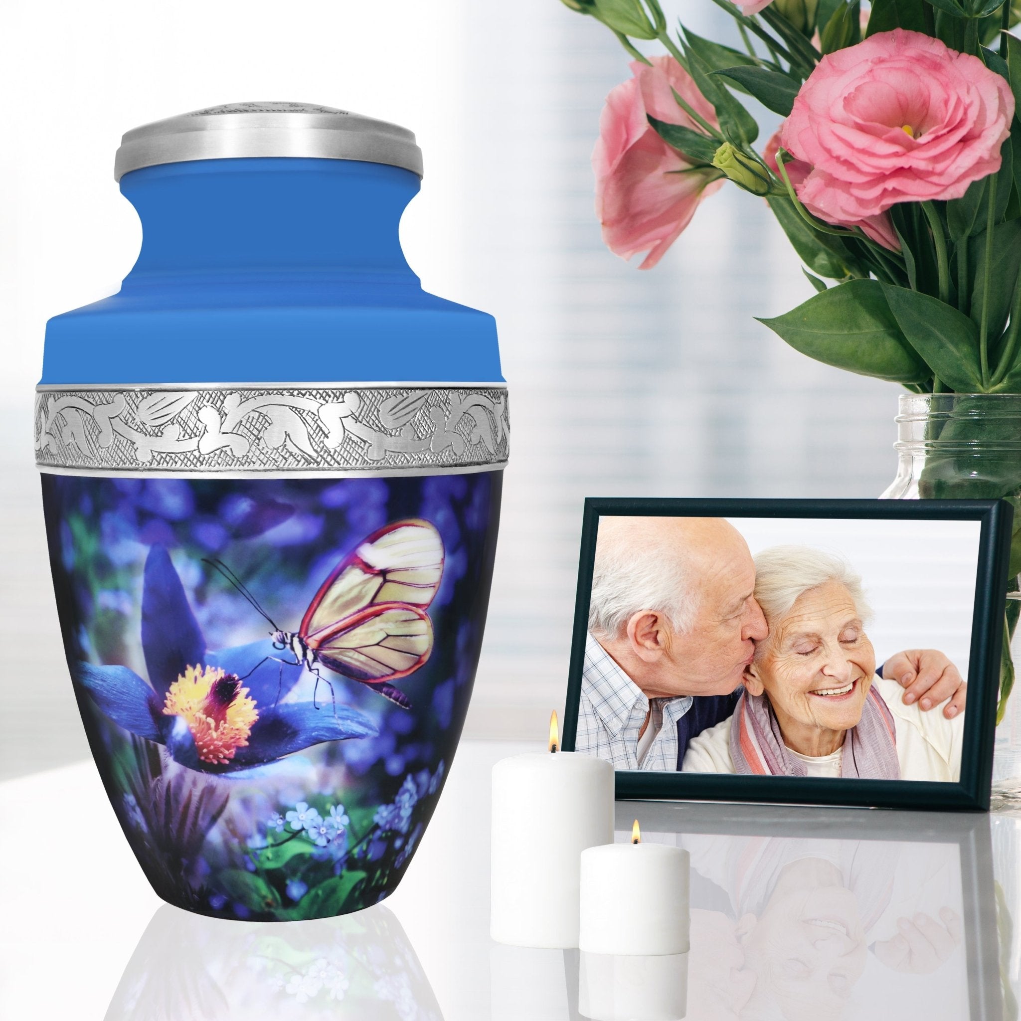 Butterfly urns for human ashes beside family photo and roses, graceful keepsake for wife and cherished memories