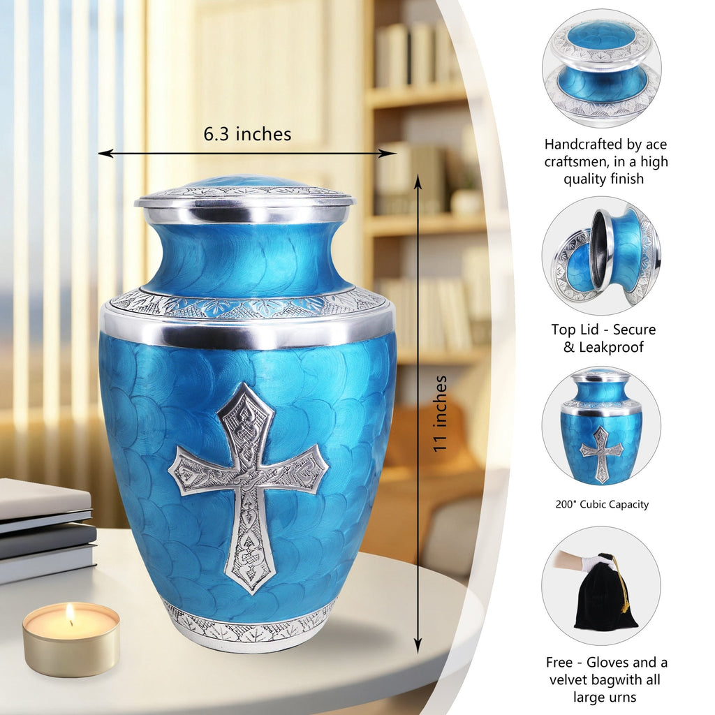 Funeral urn in turquoise finish, secure screw top honoring a beloved husband with timeless craftsmanship