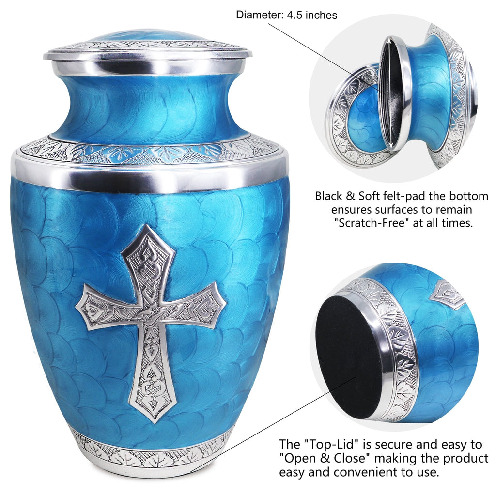 Cremation containers crafted from aluminum, threaded closure and green engraved finish for lasting remembrance