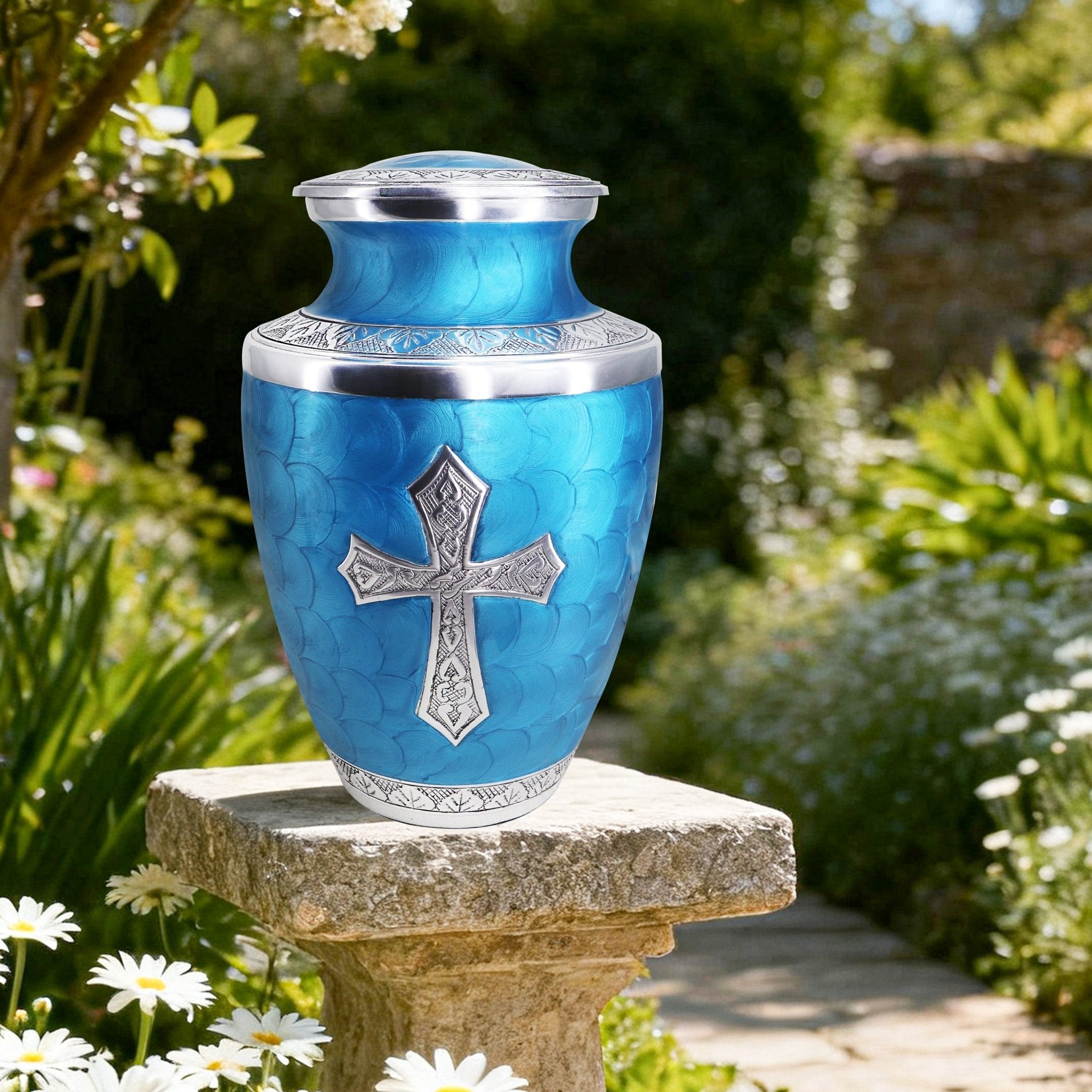 Green memorial vessel with cross engraving resting outdoors, peaceful tribute reflecting Christian faith