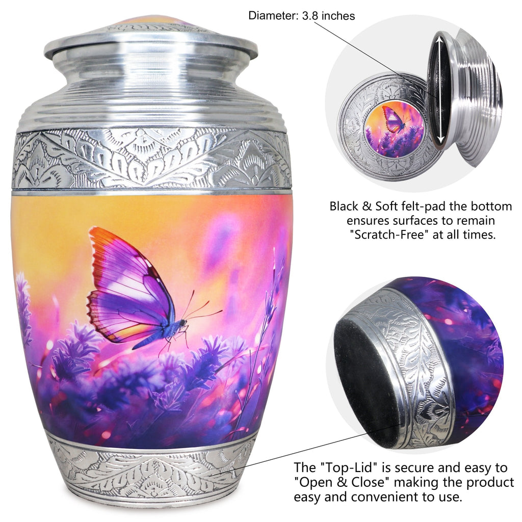 Full size urns for ashes, engraved purple floral butterfly adult urn with threaded seal lid detail diagram