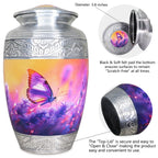 Full size urns for ashes, engraved purple floral butterfly adult urn with threaded seal lid detail diagram