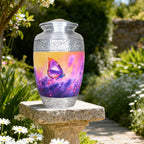 Aluminum vessel holding ashes in an urn, purple floral butterfly adult urn placed on outdoor garden stone