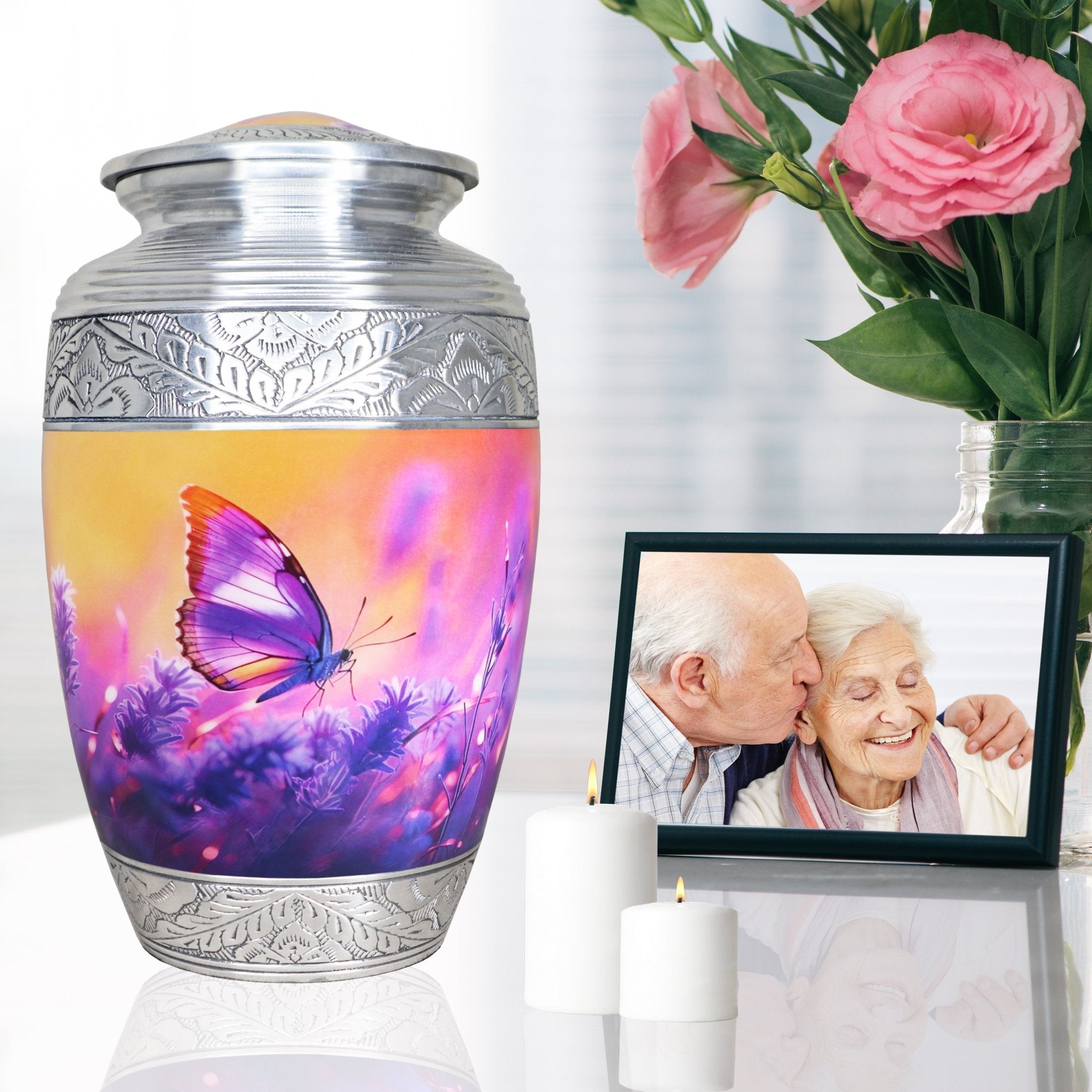Engraved metal funeral urn, purple floral butterfly adult memorial urn with blossoms and beloved family portrait