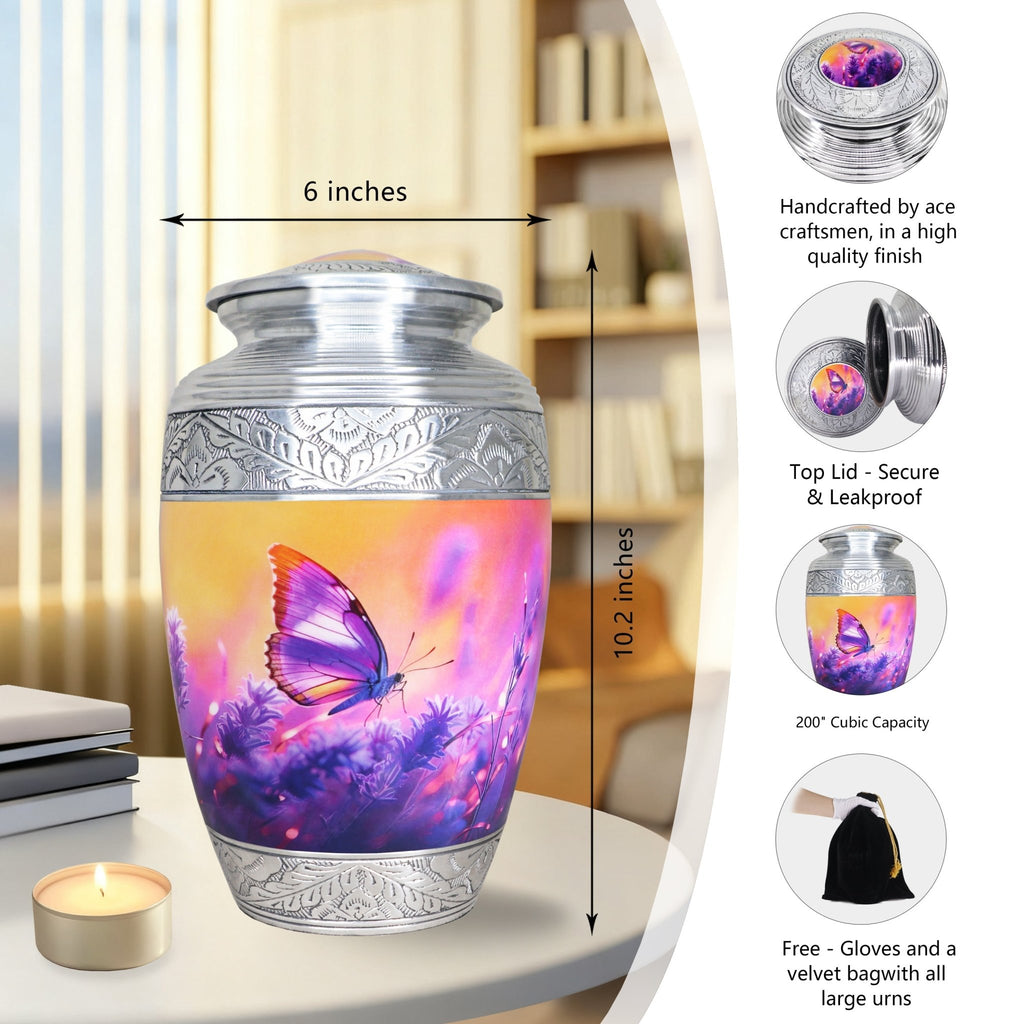 Large cremation containers, engraved purple flower butterfly adult urn with dimension guide and full accessory set