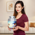 Lady holding large aluminum cremation urns, elegant teardrop butterfly sky vessel for female & male adult cremated remains