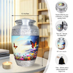 Full size silver aluminum urns for ashes, butterfly floral sky teardrop vessel with dimension charts and accessory