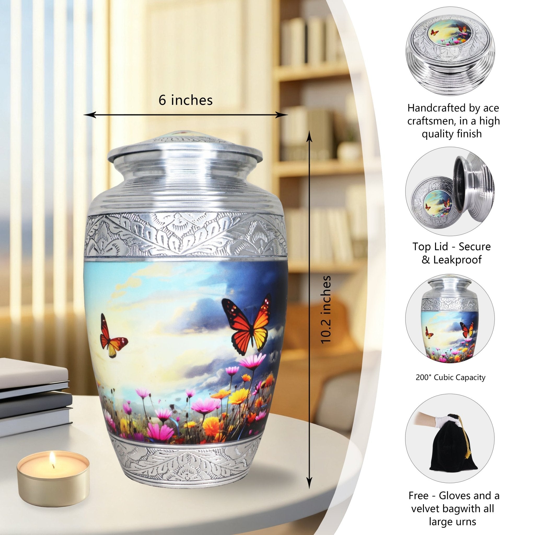 Full size silver aluminum urns for ashes, butterfly floral sky teardrop vessel with dimension charts and accessory