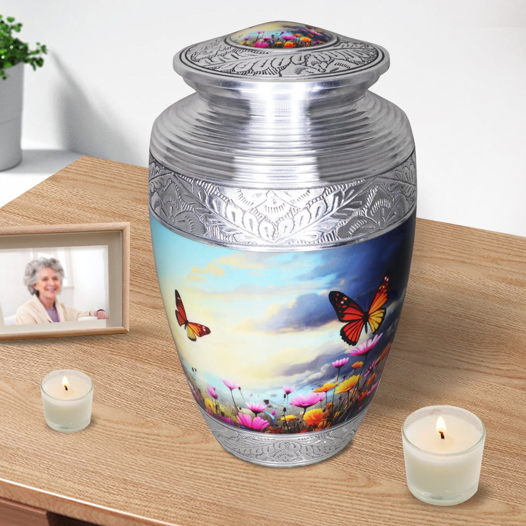 Silver aluminum vessel for crematorium use, butterfly sky teardrop adult urn displayed with table candles and framed photo