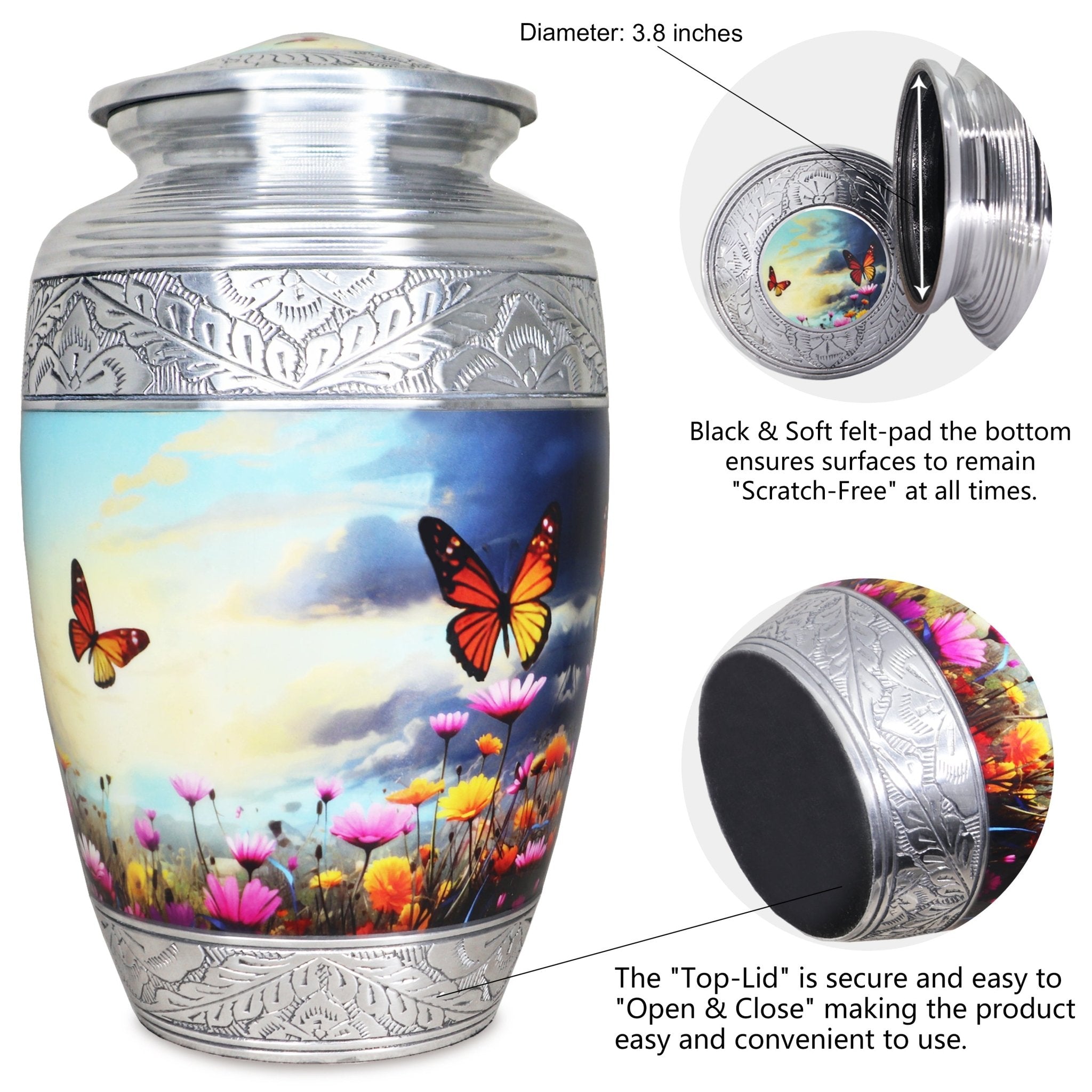 Threaded seal aluminum vessel holding ashes in an urn, silver teardrop butterfly sky adult secure lid cremation container