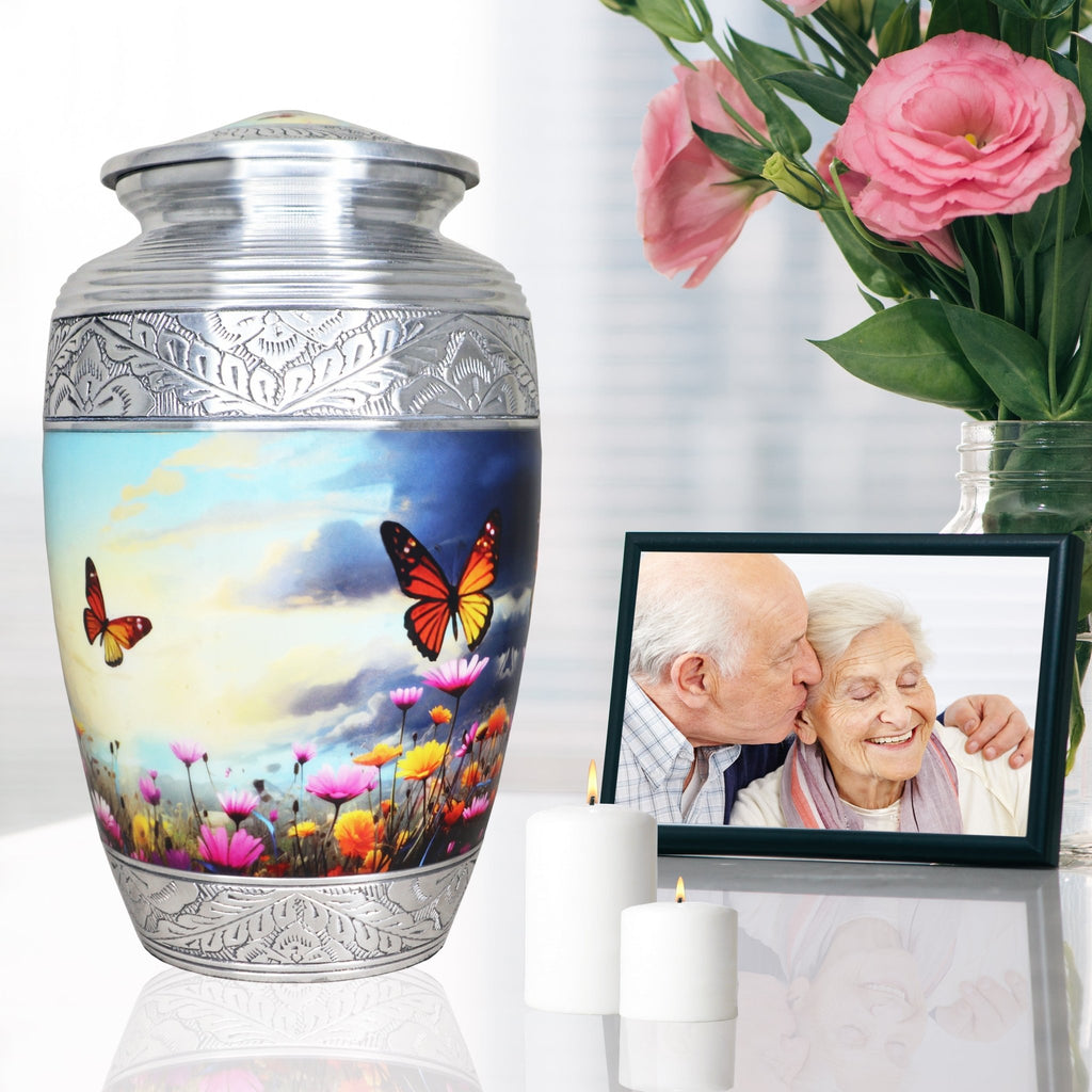 Silver aluminum burial urns, butterfly flower sky teardrop adult memorial urn with pink blossoms and beloved family portrait