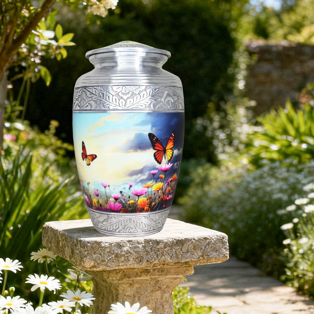 Silver aluminum funeral urn, butterfly meadow sky teardrop adult vessel placed on garden stone amid green leaves