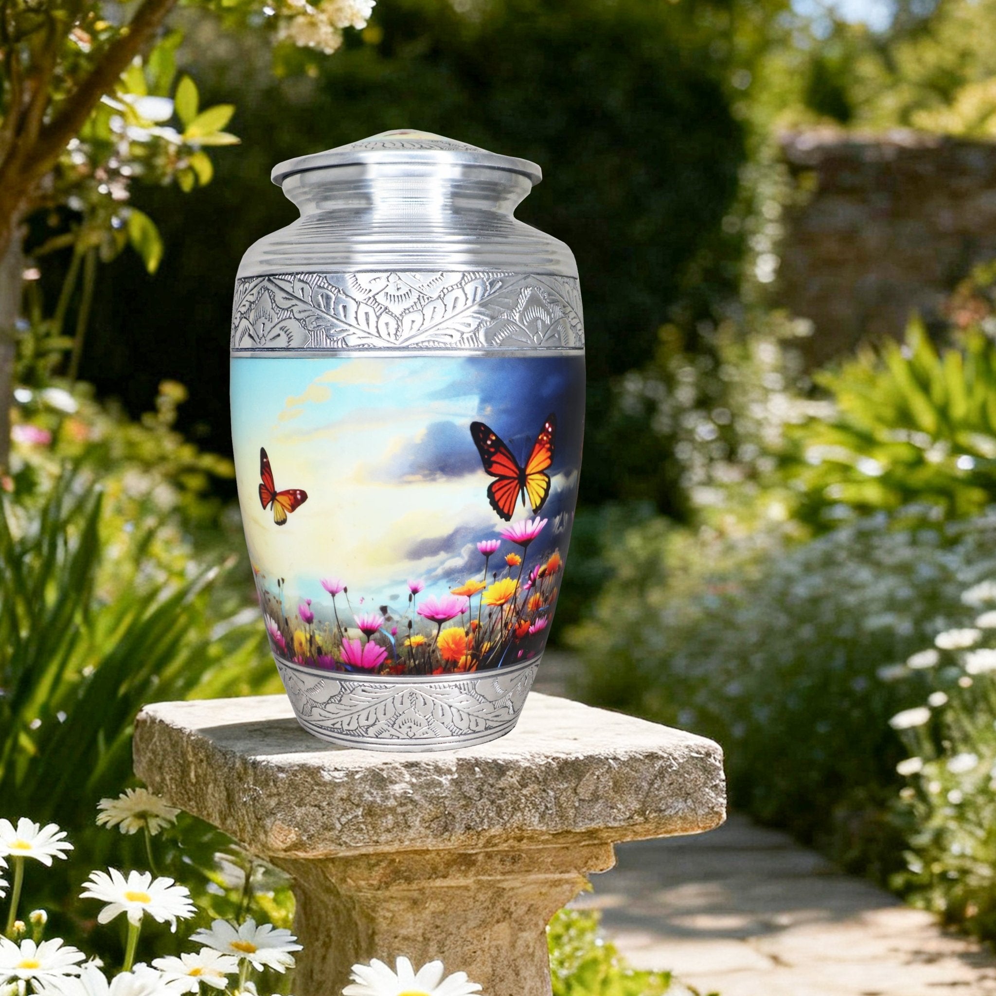 Silver aluminum funeral urn, butterfly meadow sky teardrop adult vessel placed on garden stone amid green leaves