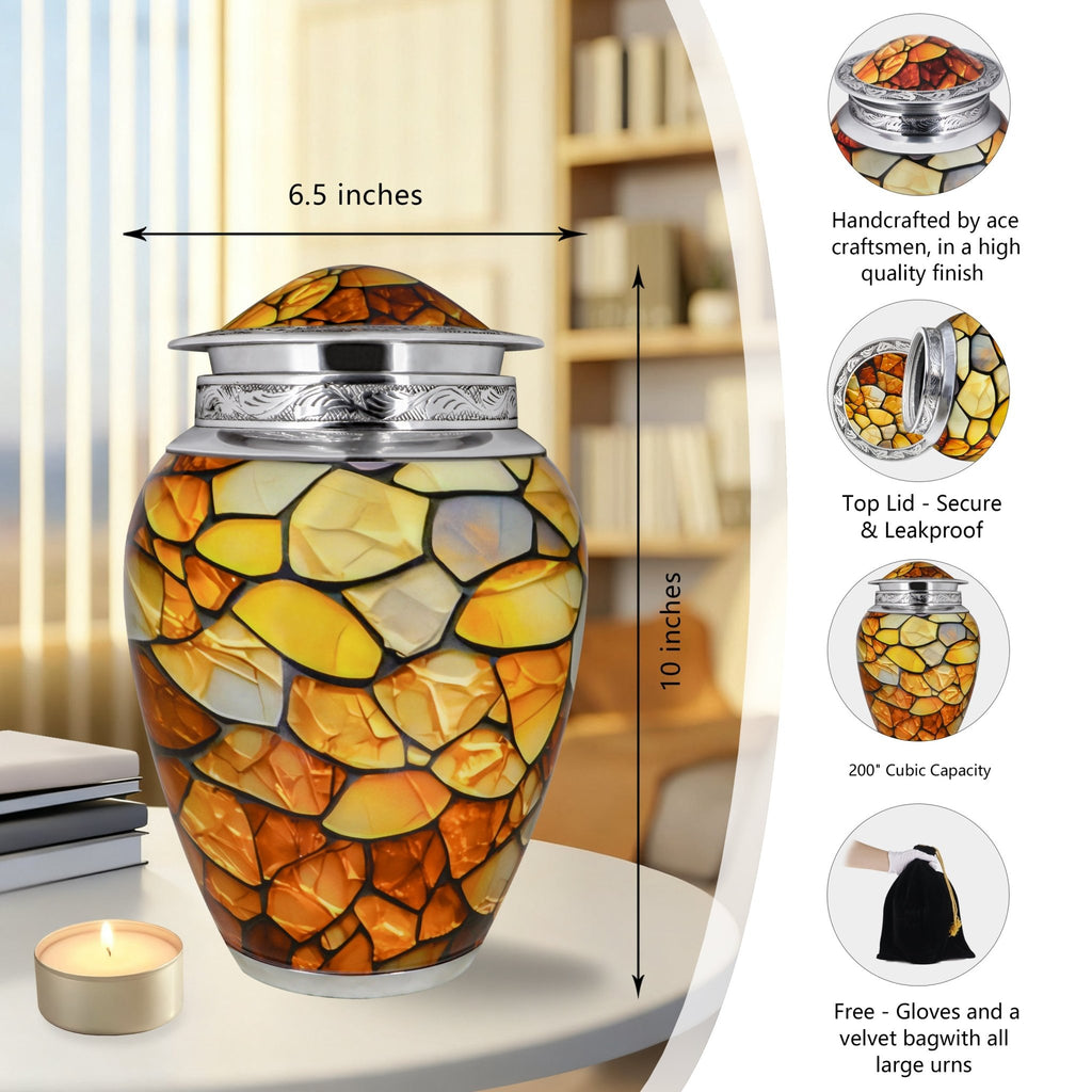 Cremation urns for human ashes inspired by agate mosaic patterns, finished with a secure threaded lid