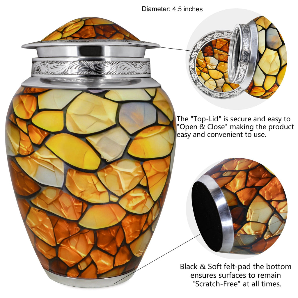 Decorative urns revealing polished aluminum, gemstone textures and a tightly sealed screw top for lasting care
