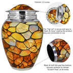 Decorative urns revealing polished aluminum, gemstone textures and a tightly sealed screw top for lasting care