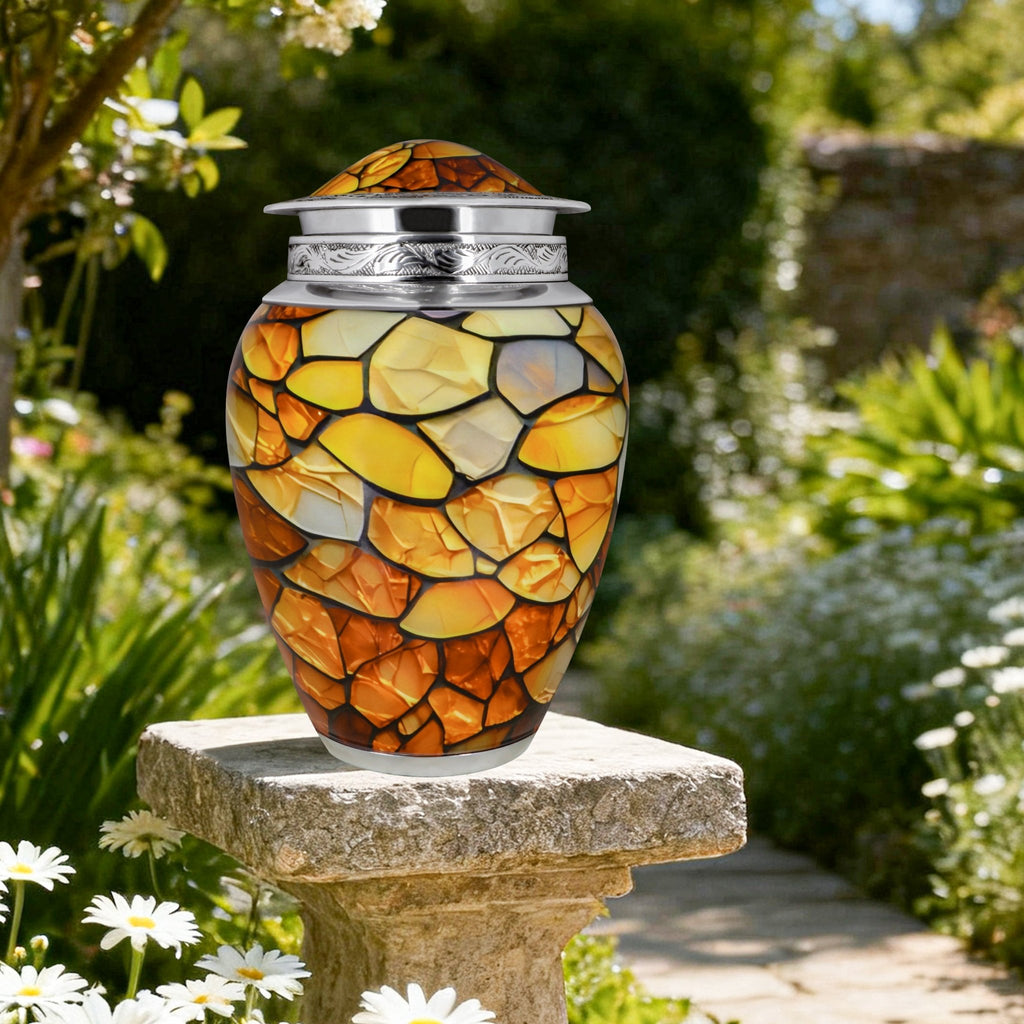 Burial urns displayed among garden greenery, where golden agate tones celebrate a devoted husband's legacy