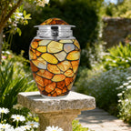 Burial urns displayed among garden greenery, where golden agate tones celebrate a devoted husband's legacy