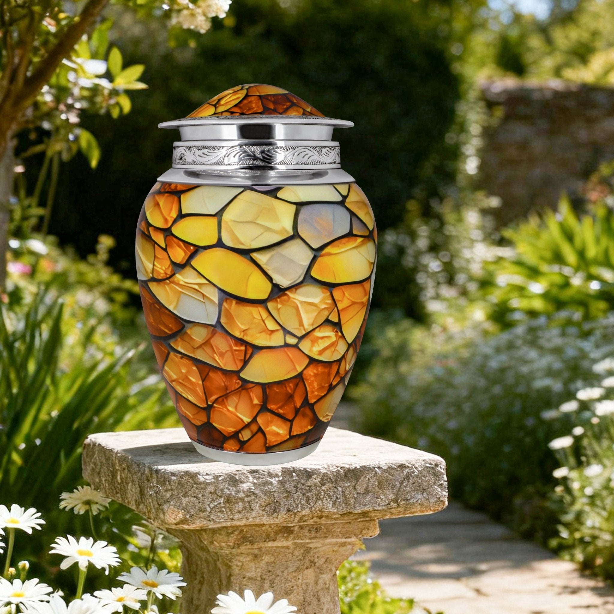 Burial urns displayed among garden greenery, where golden agate tones celebrate a devoted husband's legacy