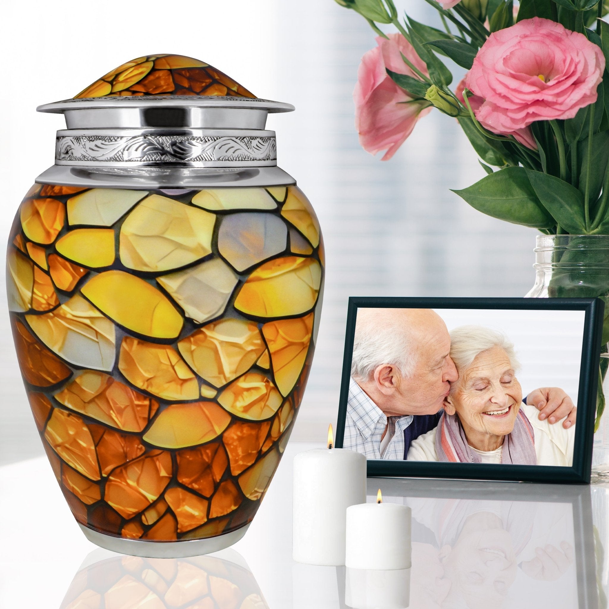 Urns for cremated remains beside roses and family photos, preserving precious memories of a loving wife