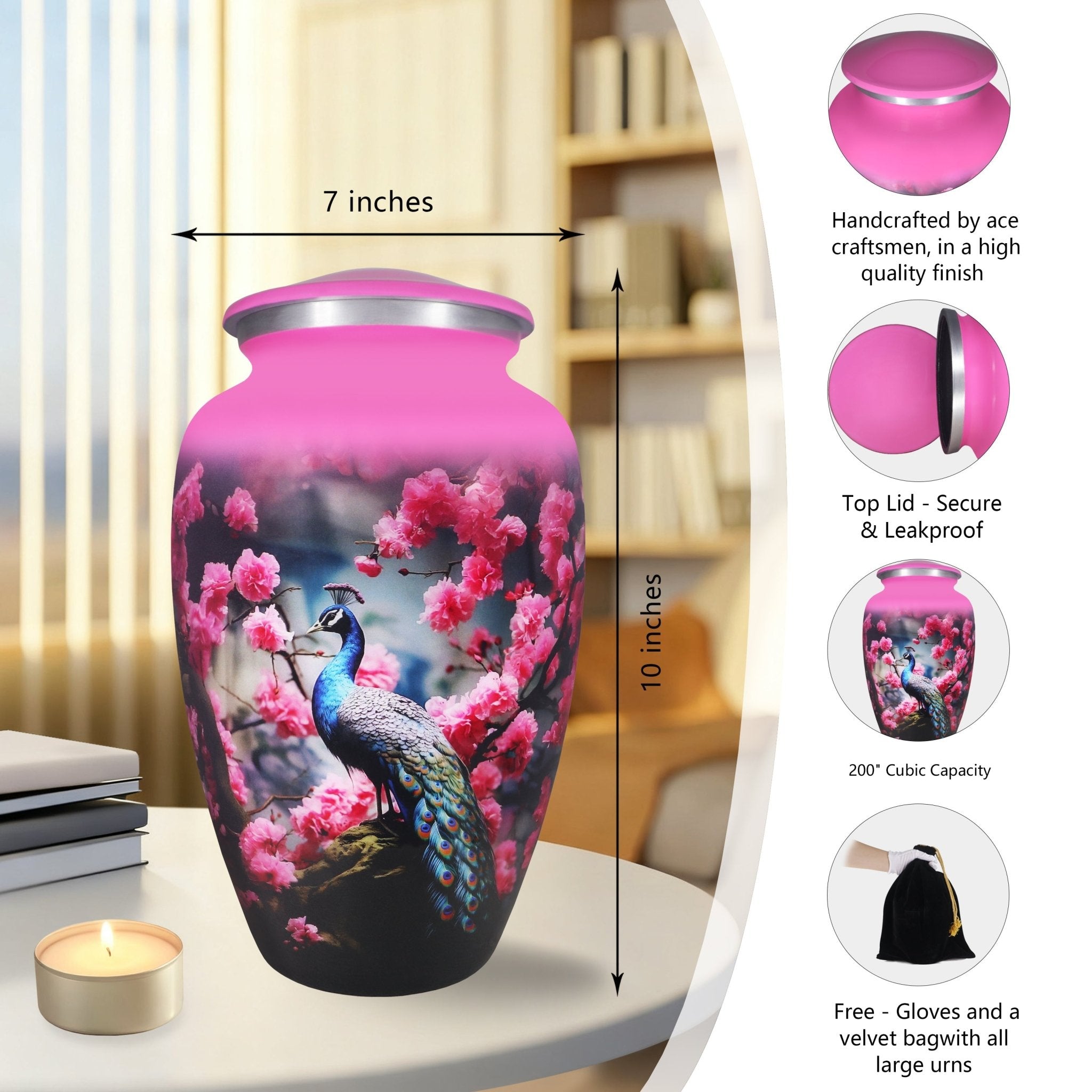 Cremation urns for human ashes inspired by vibrant peacock feathers, finished with a secure threaded lid for lasting tribute