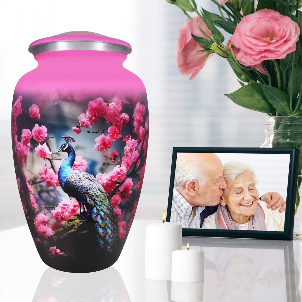 Urns for cremated remains displayed beside roses and family memories, remembering a cherished wife with warmth and love