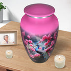 Decorative urns resting peacefully near candles, where vivid peacock colors reflect a loved one's enduring spirit
