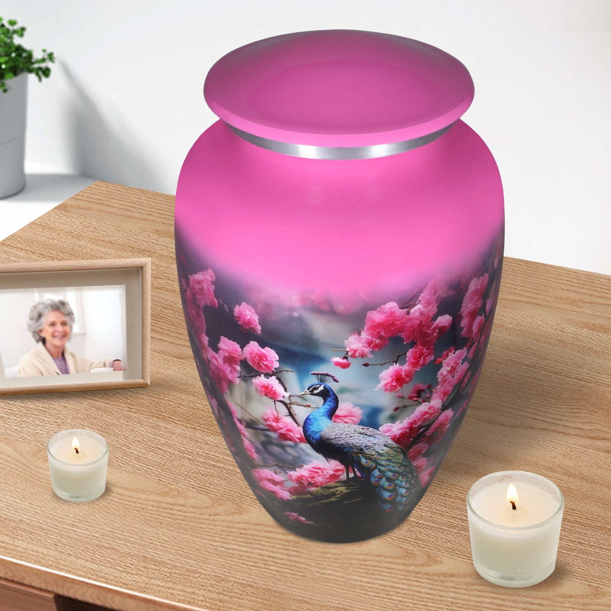 Decorative urns resting peacefully near candles, where vivid peacock colors reflect a loved one's enduring spirit