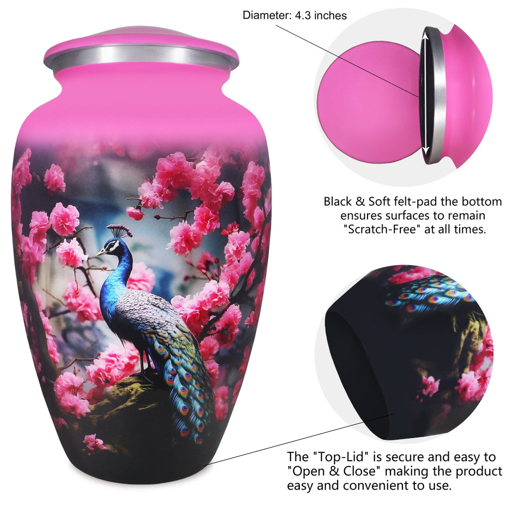 Funeral urn highlighting a threaded closure, polished aluminum finish and brilliant peacock design for timeless remembrance