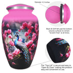 Funeral urn highlighting a threaded closure, polished aluminum finish and brilliant peacock design for timeless remembrance