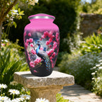 Burial urns surrounded by garden greenery, capturing the beauty of a peacock while honoring a devoted husband