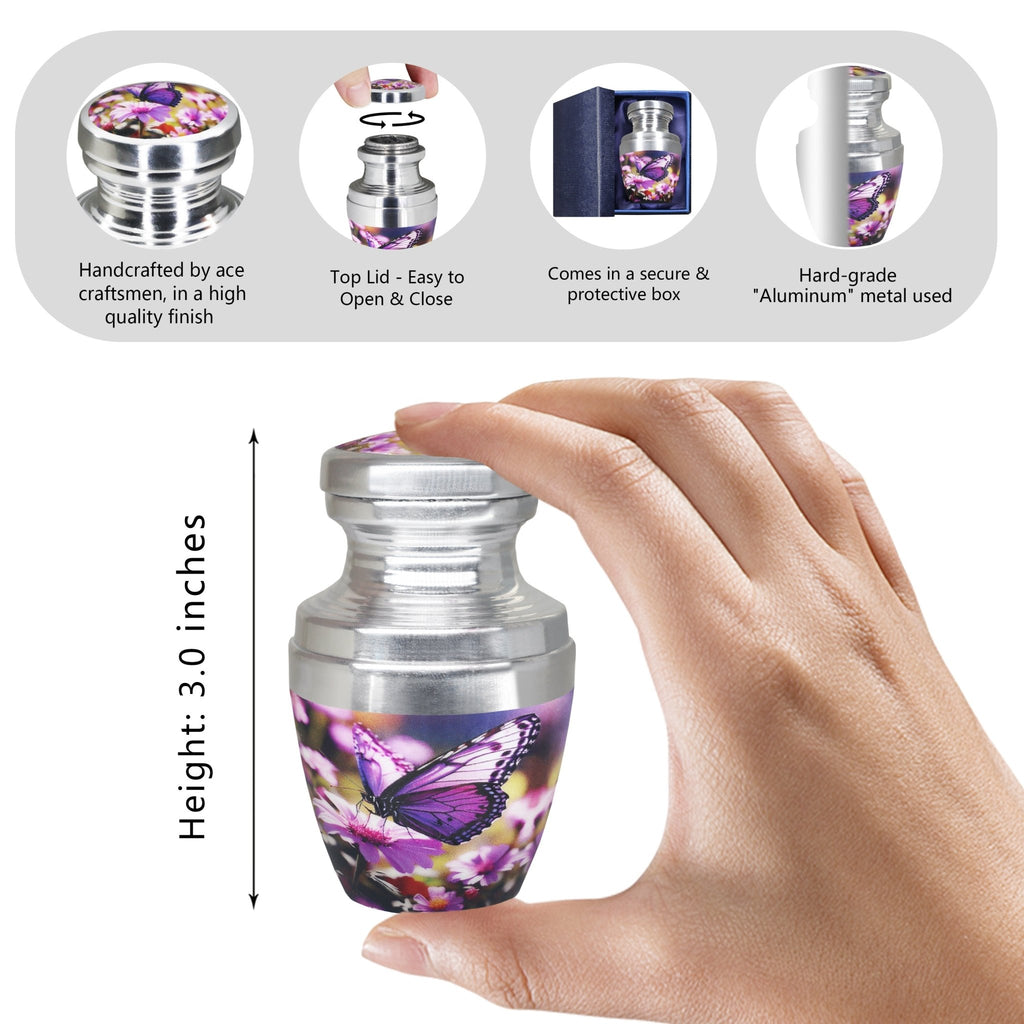 Small urns for human ashes with purple butterflies, hand holding a mini urn for cherished family memories