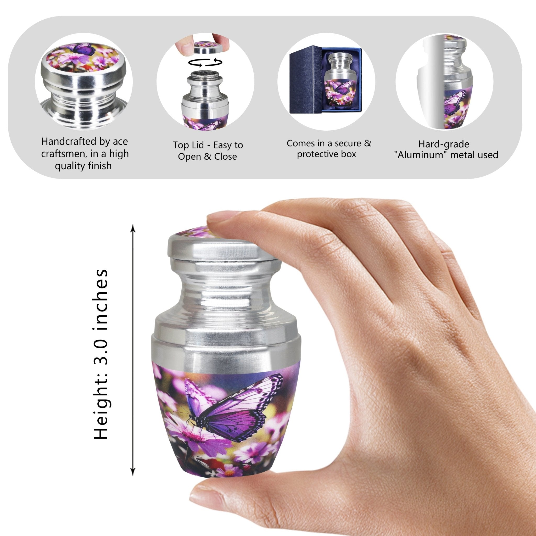 Small urns for human ashes with purple butterflies, hand holding a mini urn for cherished family memories