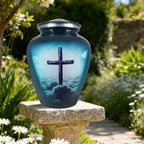 Turquoise cross memorial urn displayed outdoors on a garden stone among green foliage for peaceful remembrance