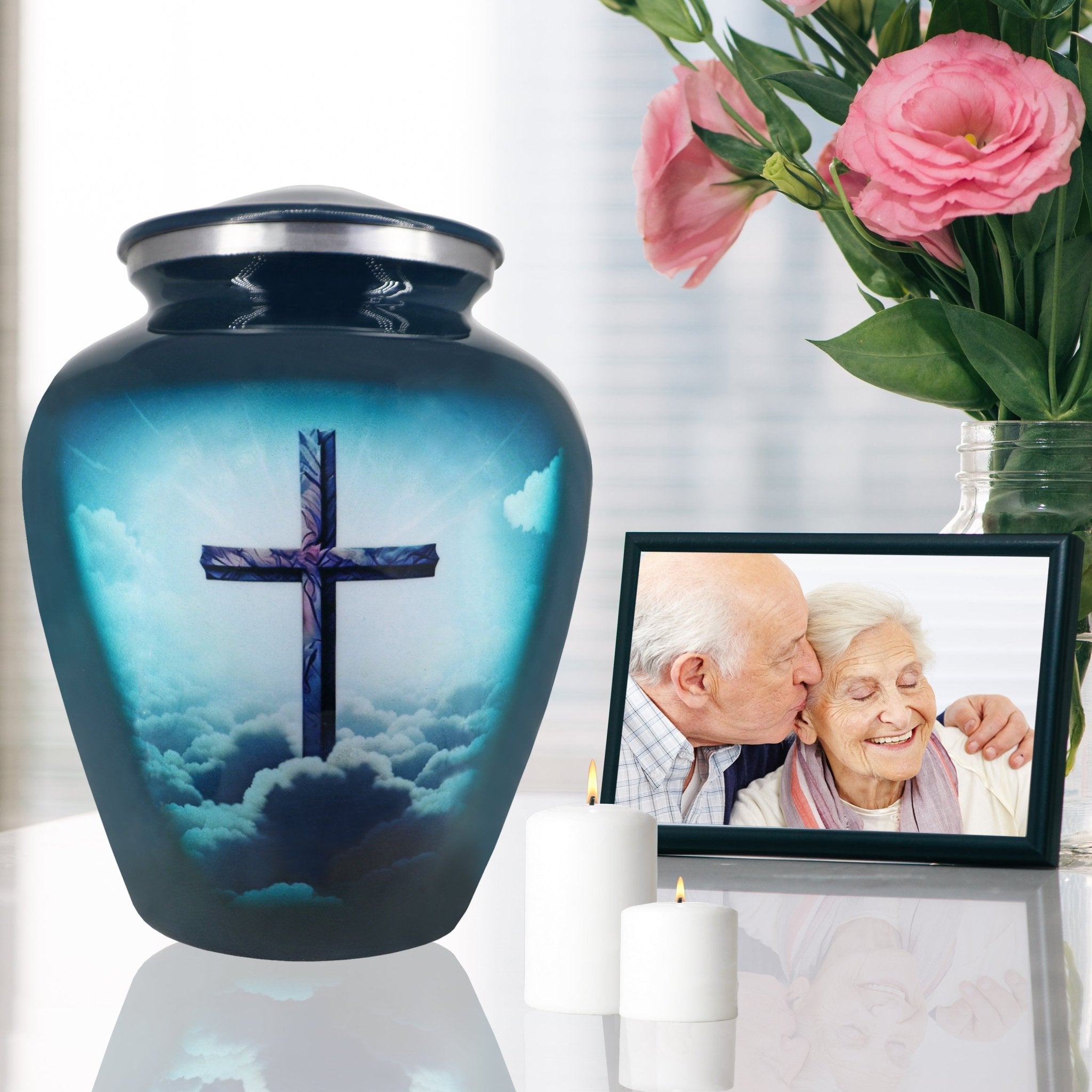 Elegant teal cross metal funeral urn, adult Christian memorial piece with pink flowers and beloved family portrait